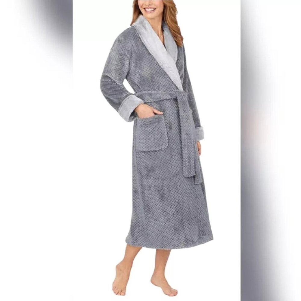 Carole Hochman Women's Gray Long Plush Robe Wrap Belted Tie Closure Size Large